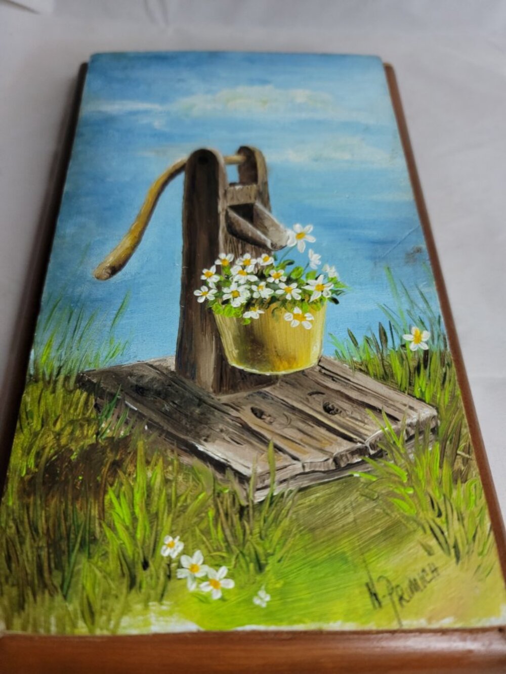 Vintage Hand Painted Handmade Springtime Daisy Flowers Painting with Stand - Picture 5 of 11